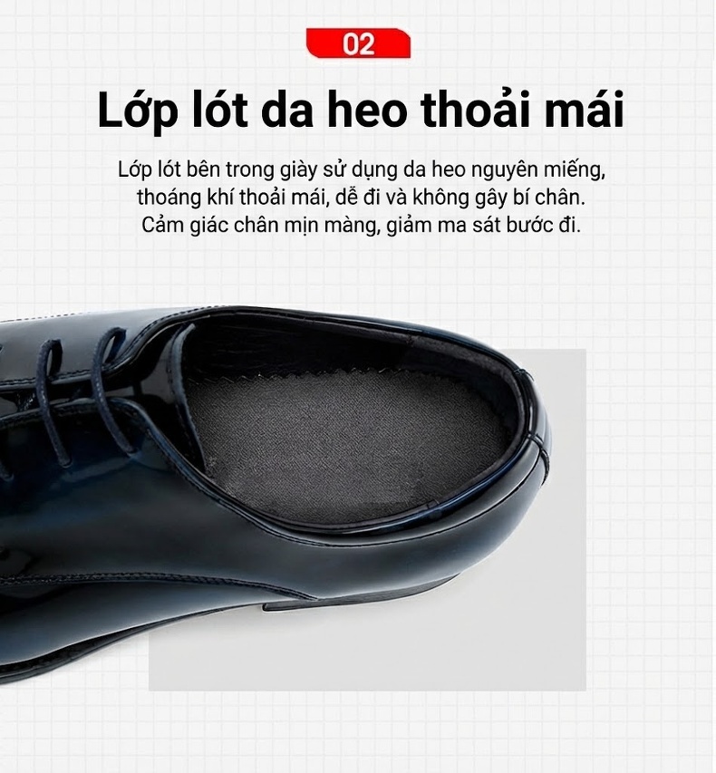 Giày Tây Buộc Dây Nam Da Bóng Chiều Cao Đế Khoảng 3cm Màu Đen chi tiết 11