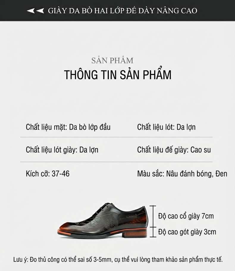 Giày Tây Buộc Dây Nam Da Bóng Chiều Cao Đế Khoảng 3cm Màu Đen chi tiết 10