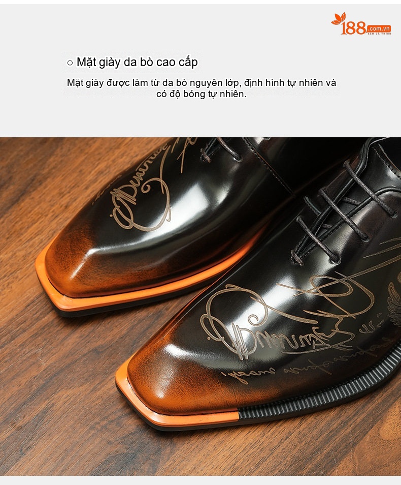 Giày Tây Buộc Dây Nam Da Bóng Chiều Cao Đế Khoảng 3cm Màu Đen chi tiết 7