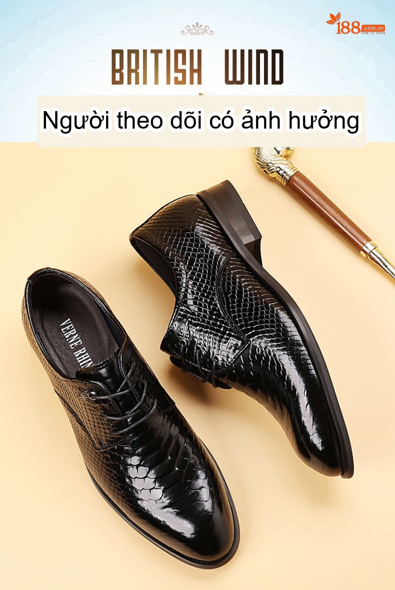 Giày Tây Buộc Dây Nam Da Bóng Chiều Cao Đế Khoảng 3cm Màu Đen chi tiết 1