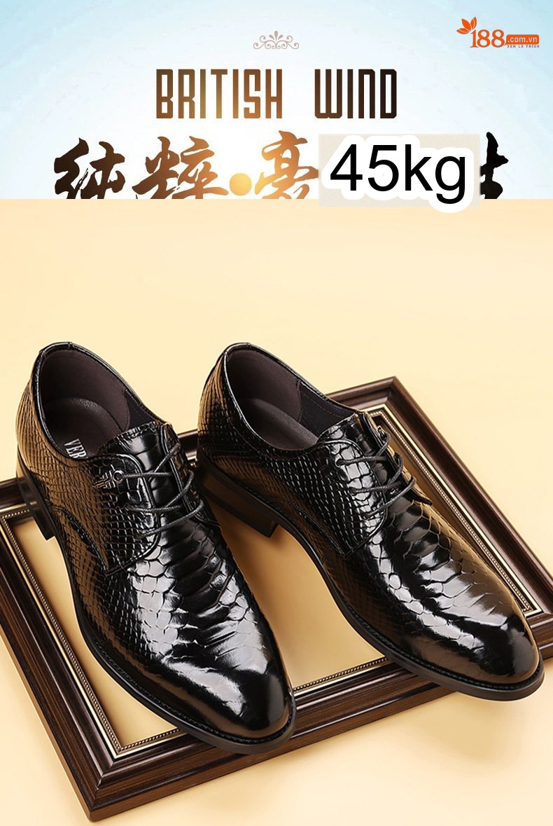 Giày Tây Buộc Dây Nam Da Bóng Chiều Cao Đế Khoảng 3cm Màu Đen chi tiết 2