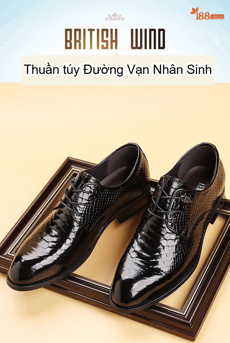 Giày Tây Buộc Dây Nam Da Bóng Chiều Cao Đế Khoảng 3cm Màu Đen chi tiết 3