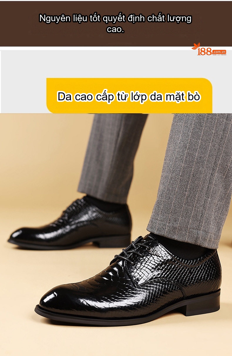 Giày Tây Buộc Dây Nam Da Bóng Chiều Cao Đế Khoảng 3cm Màu Đen chi tiết 4