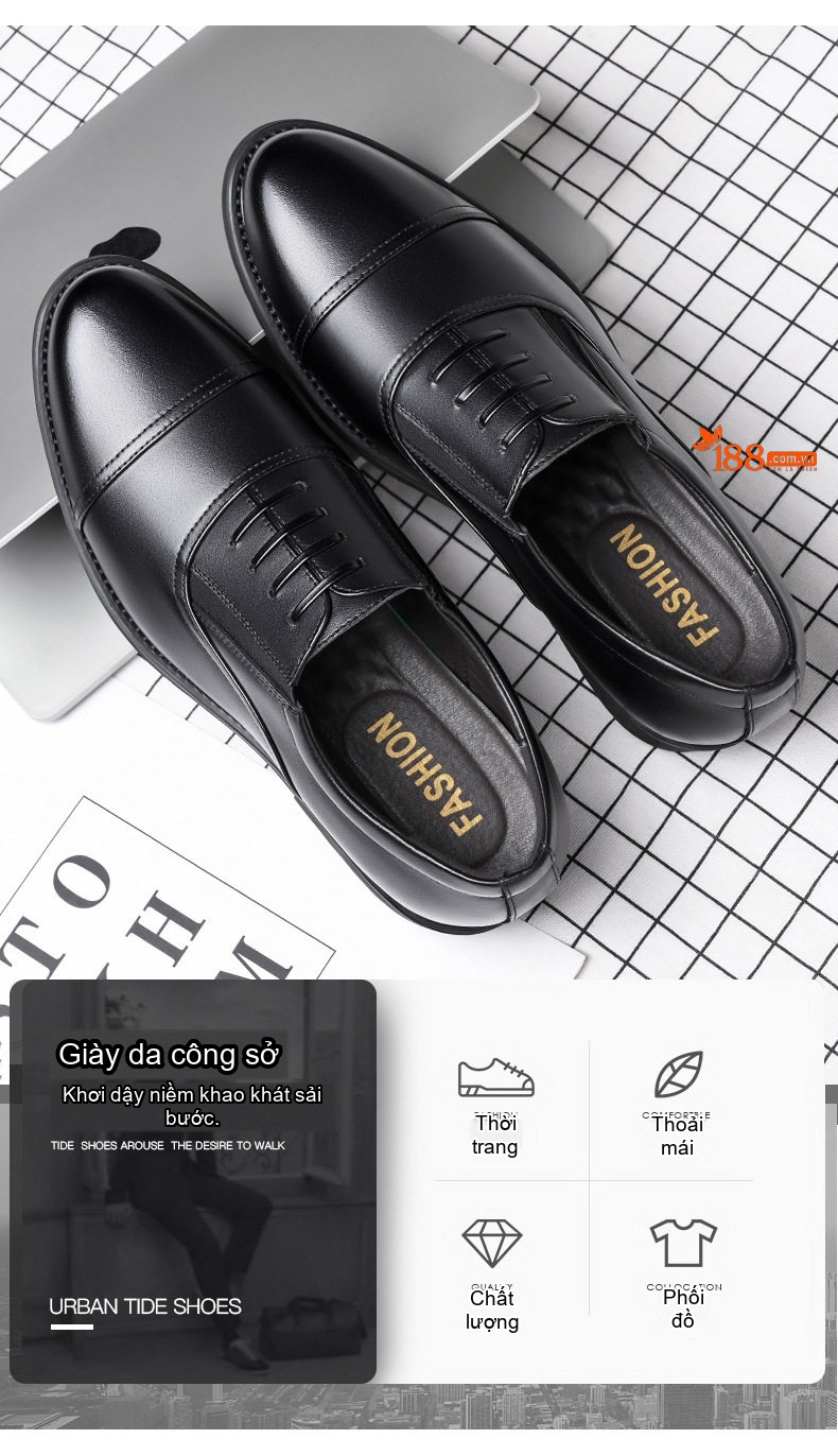 Giày Tây Buộc Dây Nam Da Bóng Chiều Cao Đế Khoảng 3cm Màu Đen chi tiết 2