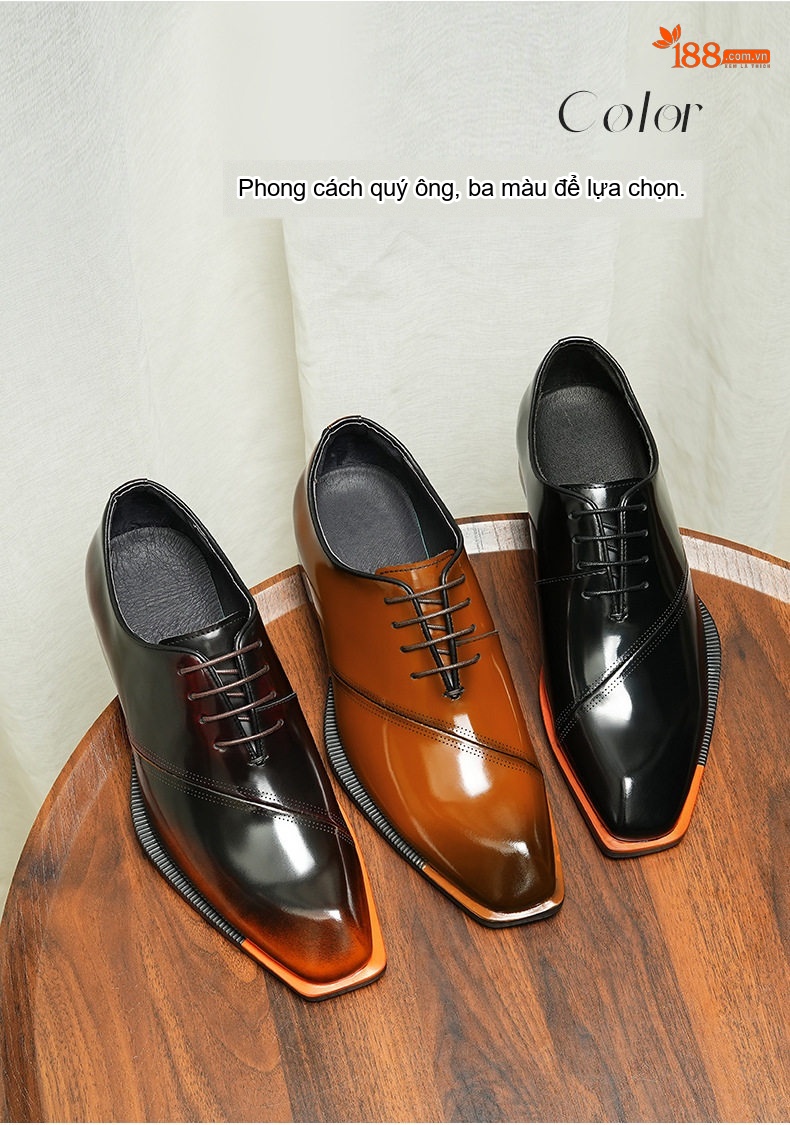 Giày Tây Buộc Dây Nam Da Bóng Chiều Cao Đế Khoảng 3cm Màu Đen, Nâu chi tiết 2