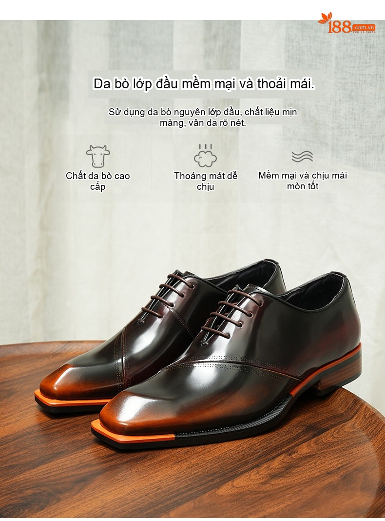 Giày Tây Buộc Dây Nam Da Bóng Chiều Cao Đế Khoảng 3cm Màu Đen, Nâu chi tiết 7