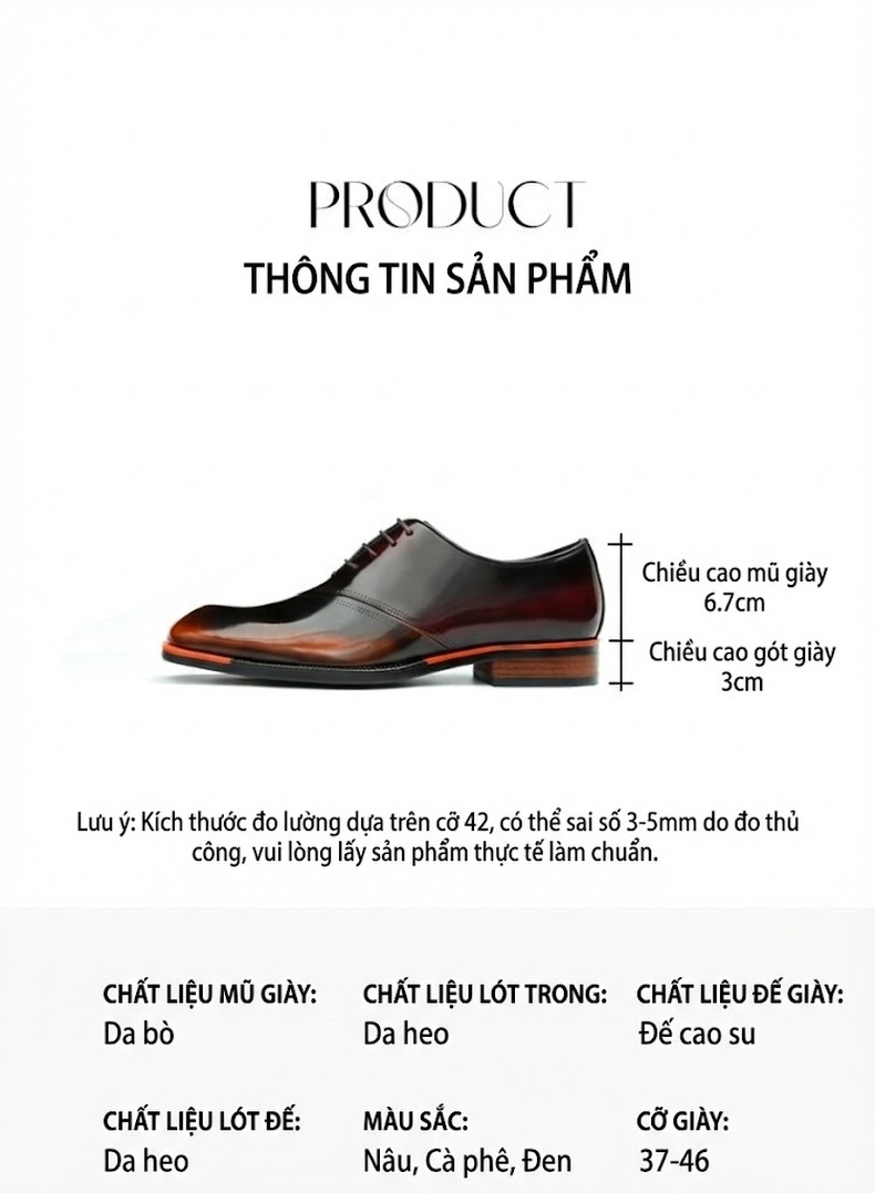 Giày Tây Buộc Dây Nam Da Bóng Chiều Cao Đế Khoảng 3cm Màu Đen, Nâu chi tiết 5