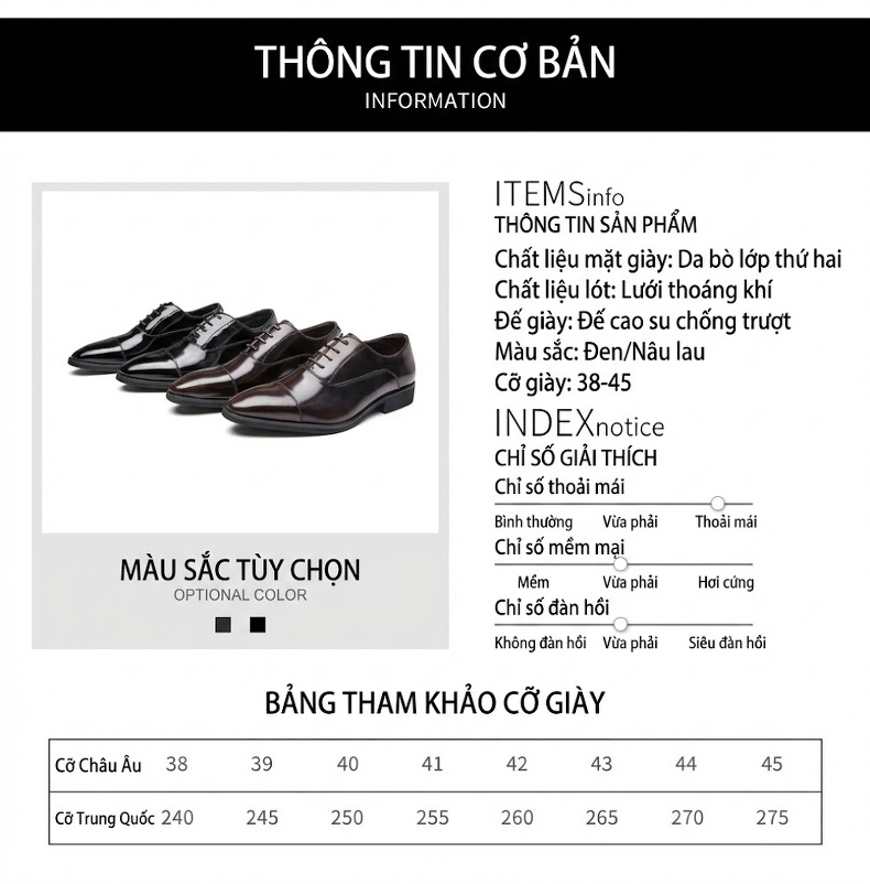 Giày Tây Buộc Dây Nam Da Bóng Chiều Cao Đế Khoảng 3cm Màu Đen, Nâu chi tiết 5