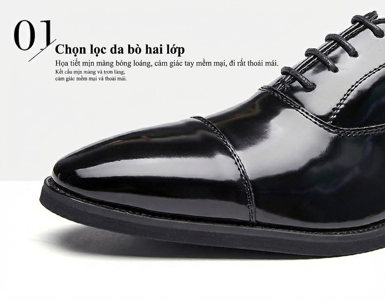 Giày Tây Buộc Dây Nam Da Bóng Chiều Cao Đế Khoảng 3cm Màu Đen, Nâu chi tiết 6