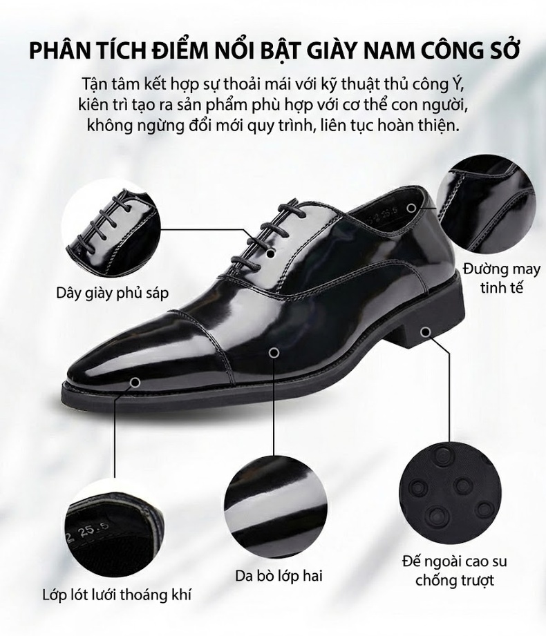 Giày Tây Buộc Dây Nam Da Bóng Chiều Cao Đế Khoảng 3cm Màu Đen, Nâu chi tiết 2
