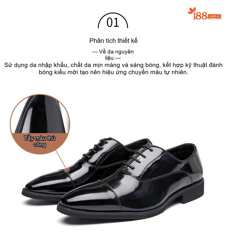 Giày Tây Buộc Dây Nam Da Bóng Chiều Cao Đế Khoảng 3cm Màu Đen, Nâu chi tiết 3