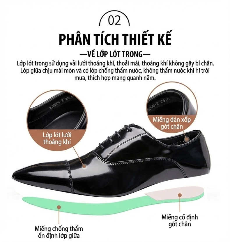 Giày Tây Buộc Dây Nam Da Bóng Chiều Cao Đế Khoảng 3cm Màu Đen, Nâu chi tiết 4