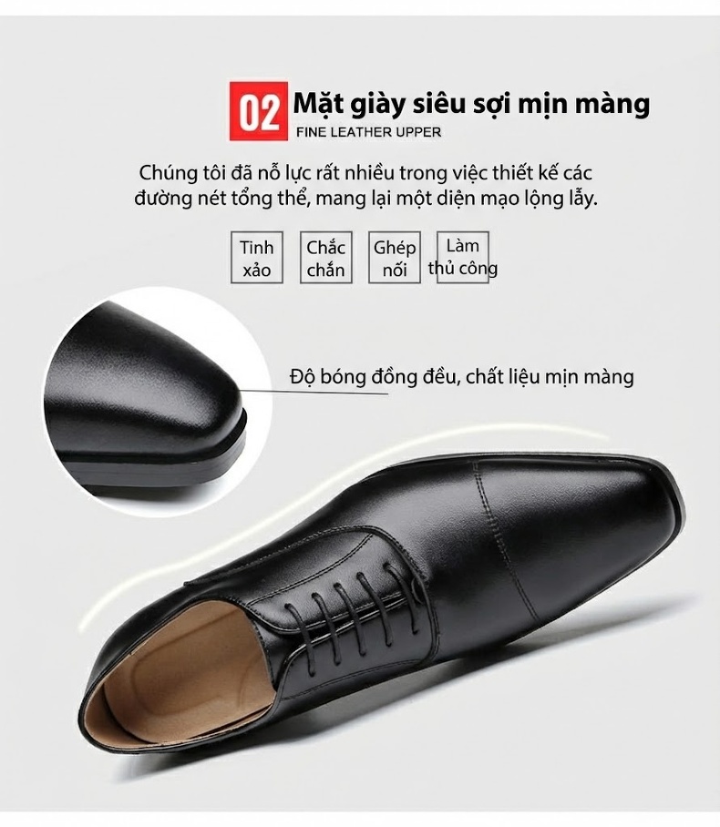 Giày Tây Buộc Dây Nam Da Bóng Chiều Cao Đế Khoảng 3cm Màu Đen, Nâu chi tiết 8