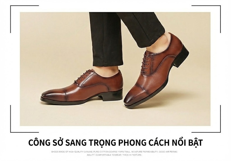 Giày Tây Buộc Dây Nam Da Bóng Chiều Cao Đế Khoảng 3cm Màu Đen, Nâu chi tiết 13