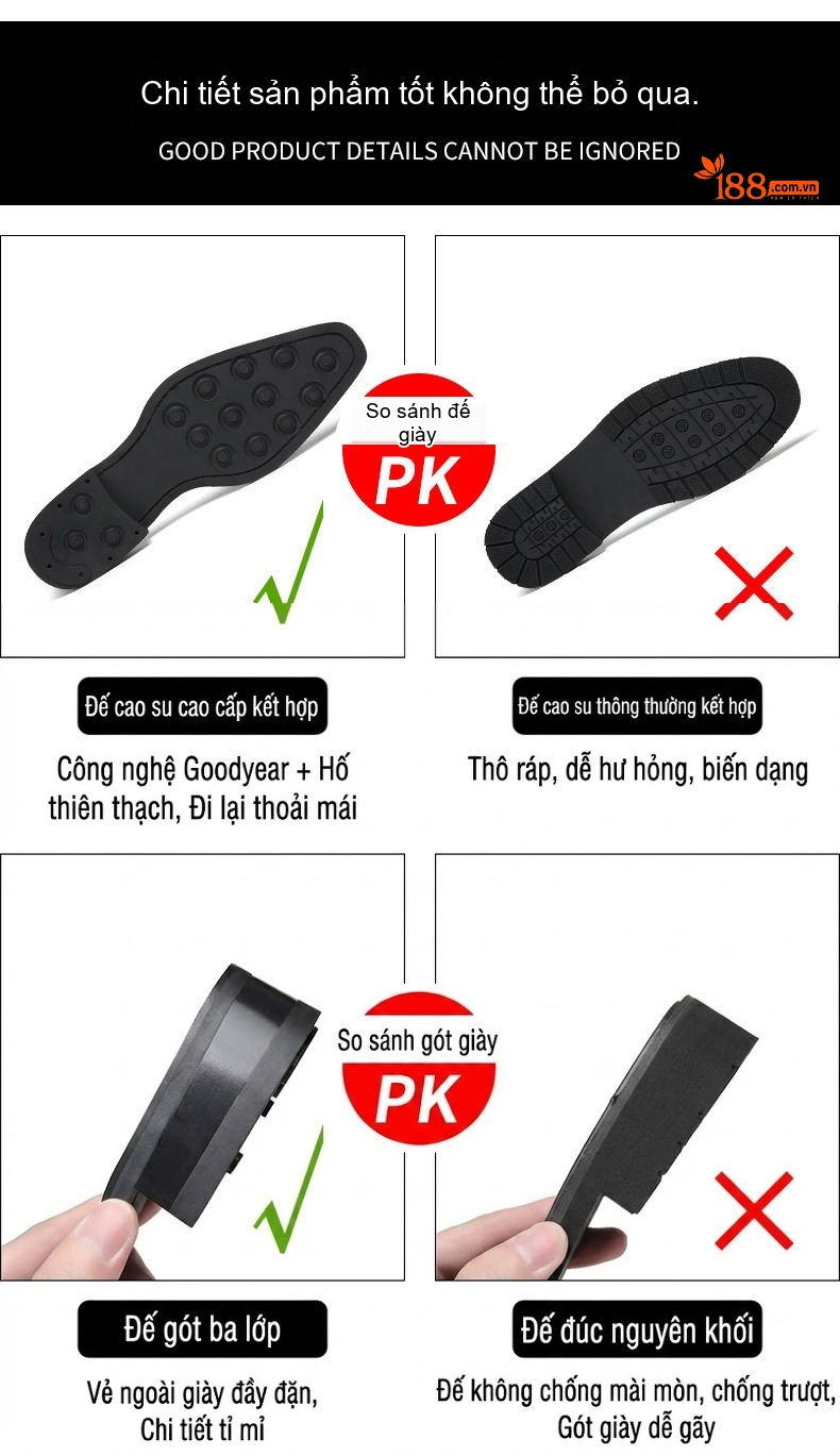 Giày Tây Buộc Dây Nam Da Bóng Chiều Cao Đế Khoảng 3cm Màu Đen, Nâu chi tiết 4
