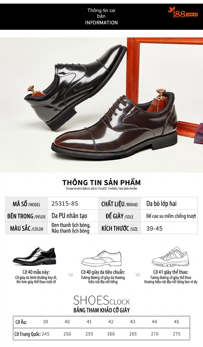 Giày Tây Buộc Dây Nam Da Bóng Chiều Cao Đế Khoảng 3cm Màu Đen, Nâu chi tiết 7