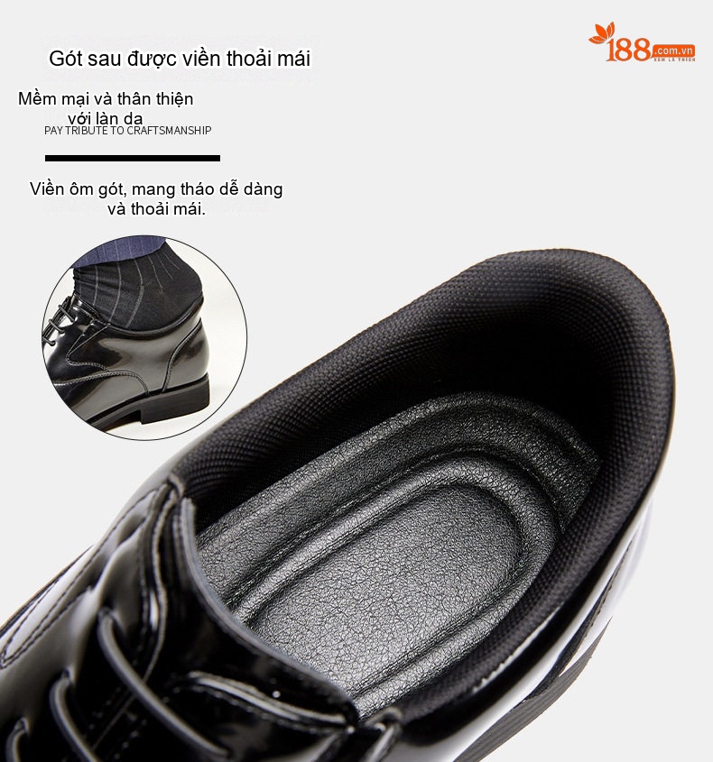 Giày Tây Buộc Dây Nam Da Bóng Chiều Cao Đế Khoảng 3cm Màu Đen, Nâu chi tiết 5