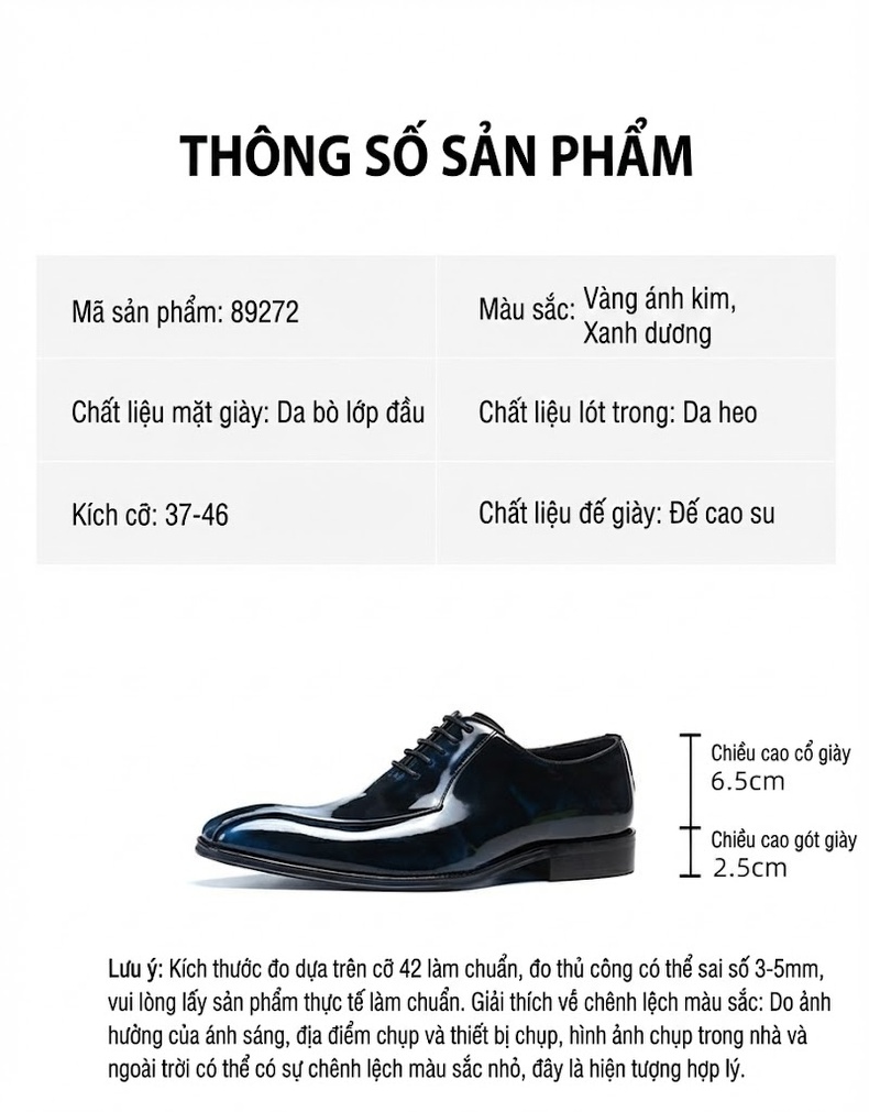 Giày Tây Buộc Dây Nam Da Bóng Chiều Cao Đế Khoảng 3cm Màu Đen, Nâu chi tiết 2