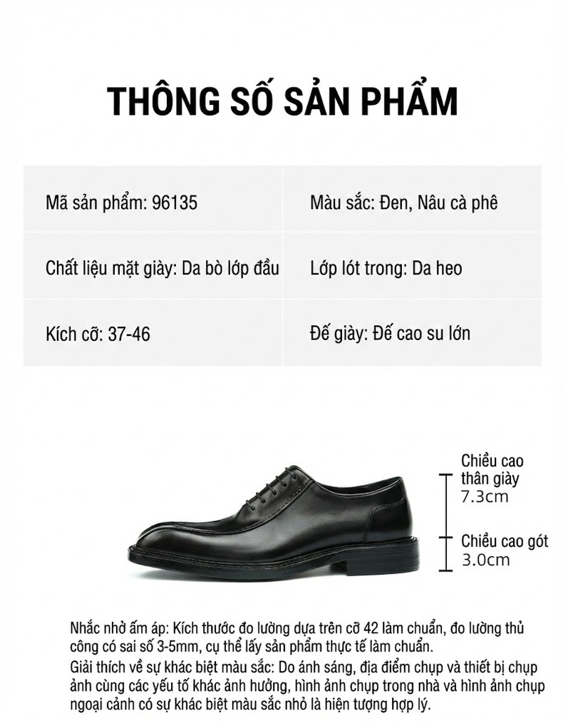 Giày Tây Buộc Dây Nam Da Bóng Chiều Cao Đế Khoảng 3cm Màu Đen, Nâu chi tiết 2