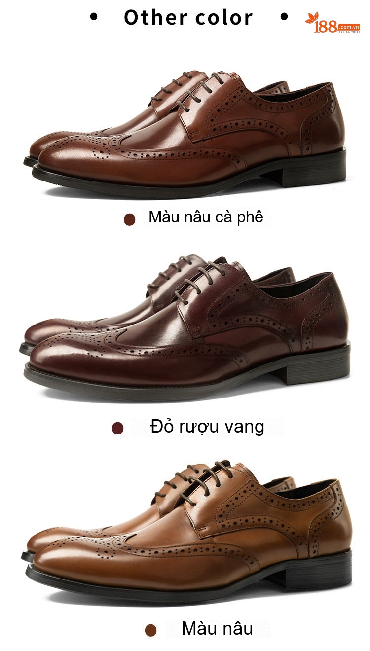 Giày Tây Buộc Dây Nam Da Bóng Chiều Cao Đế Khoảng 3cm Màu Đen, Nâu, Đỏ chi tiết 7