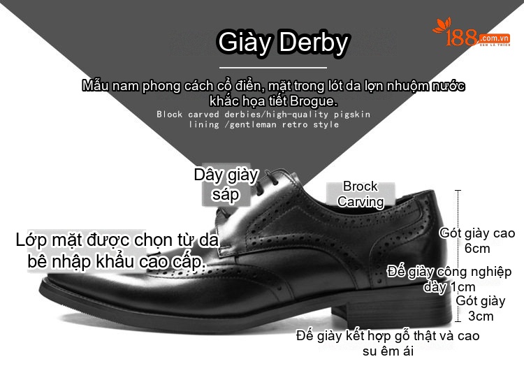 Giày Tây Buộc Dây Nam Da Bóng Chiều Cao Đế Khoảng 3cm Màu Đen, Nâu, Đỏ chi tiết 2