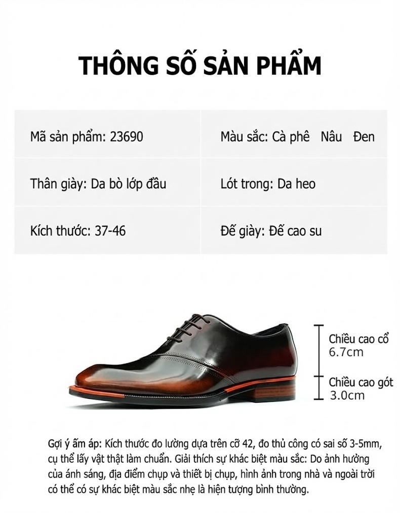 Giày Tây Buộc Dây Nam Da Bóng Chiều Cao Đế Khoảng 3cm Màu Đen, Nâu chi tiết 2