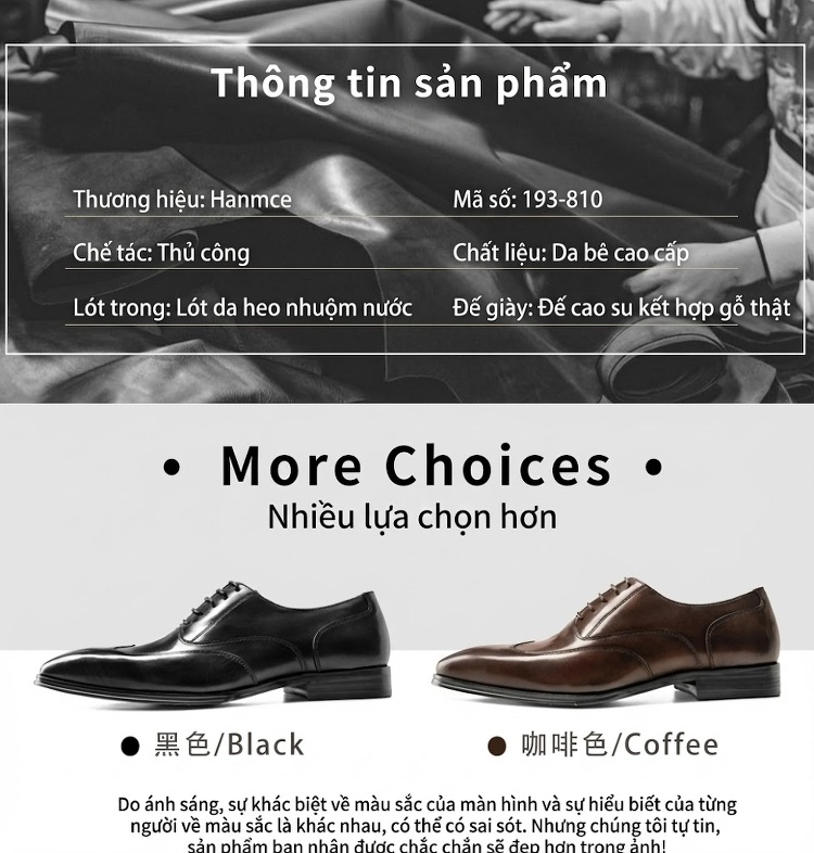 Giày Tây Buộc Dây Nam Da Bóng Chiều Cao Đế Khoảng 3cm Màu Đen, Nâu chi tiết 10