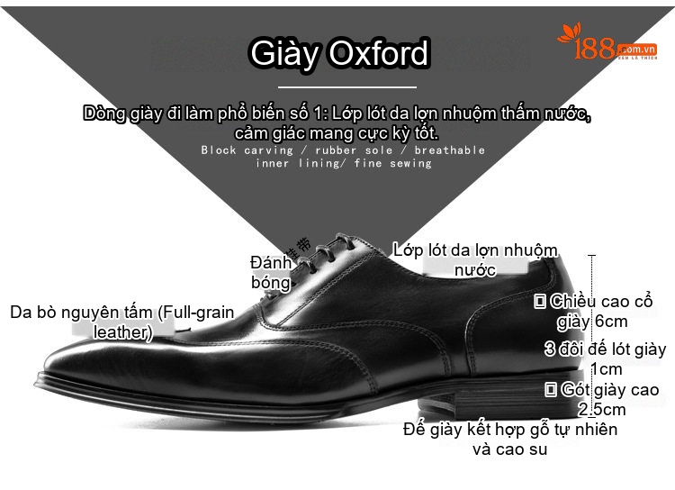 Giày Tây Buộc Dây Nam Da Bóng Chiều Cao Đế Khoảng 3cm Màu Đen, Nâu chi tiết 2