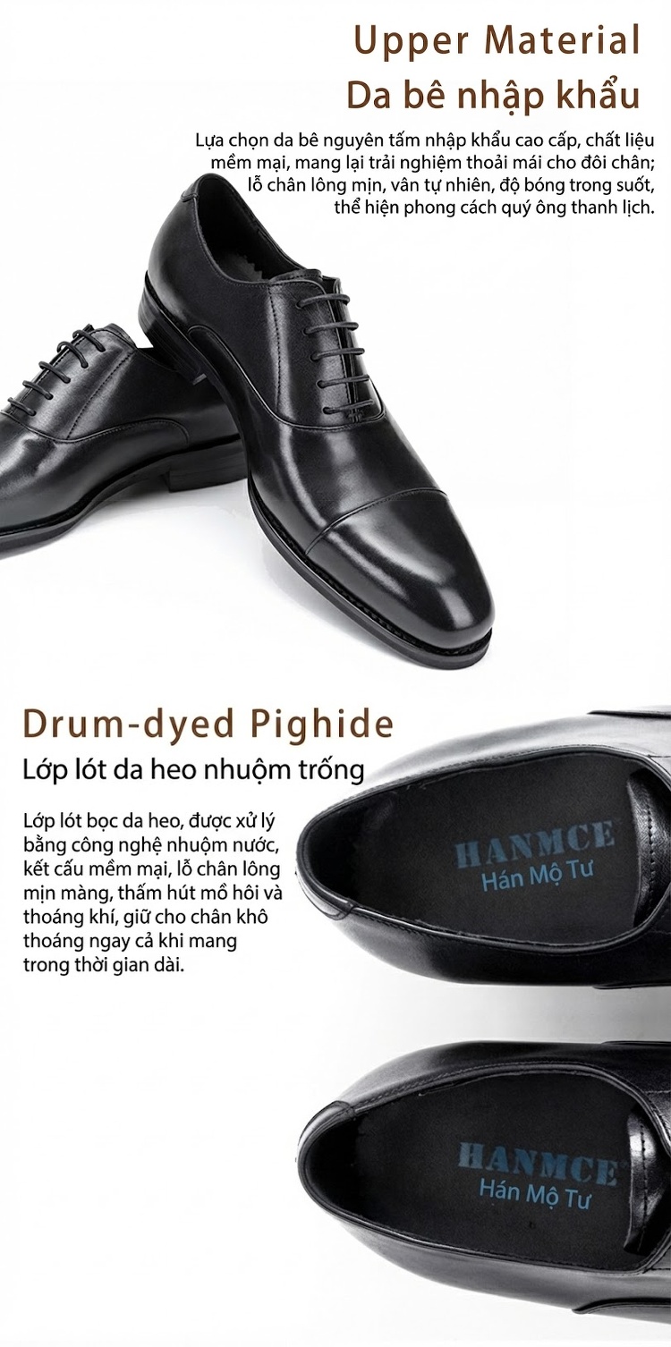 Giày Tây Buộc Dây Nam Da Bóng Chiều Cao Đế Khoảng 3cm Màu Đen, Nâu chi tiết 3