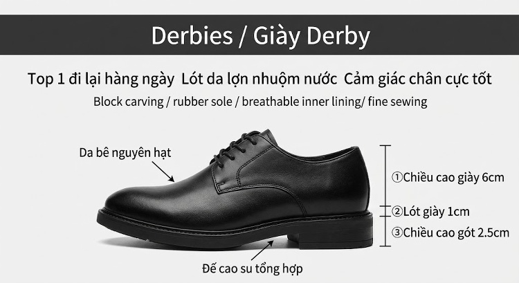 Giày Tây Buộc Dây Nam Da Bóng Chiều Cao Đế Khoảng 3cm Màu Đen, Nâu chi tiết 2