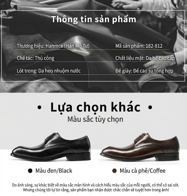 Giày Tây Buộc Dây Nam Da Bóng Chiều Cao Đế Khoảng 3cm Màu Đen, Nâu chi tiết 10