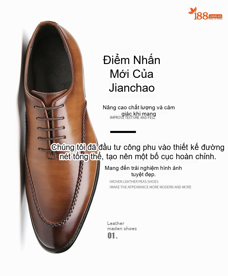 Giày Tây Buộc Dây Nam Da Bóng Chiều Cao Đế Khoảng 3cm Màu Đen, Nâu, Xám chi tiết 3