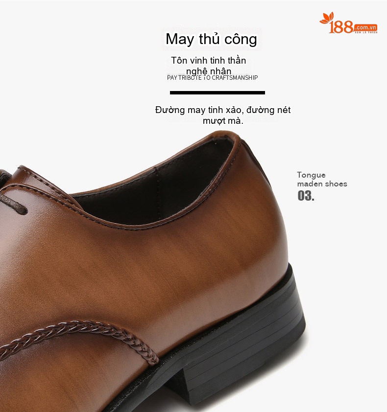Giày Tây Buộc Dây Nam Da Bóng Chiều Cao Đế Khoảng 3cm Màu Đen, Nâu, Xám chi tiết 5