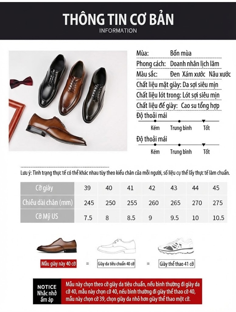 Giày Tây Buộc Dây Nam Da Bóng Chiều Cao Đế Khoảng 3cm Màu Đen, Nâu, Xám chi tiết 7