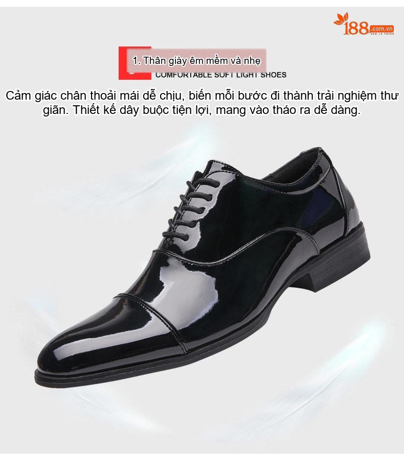 Giày Tây Buộc Dây Nam Da Bóng Chiều Cao Đế Khoảng 3cm Màu Đen, Trắng chi tiết 6