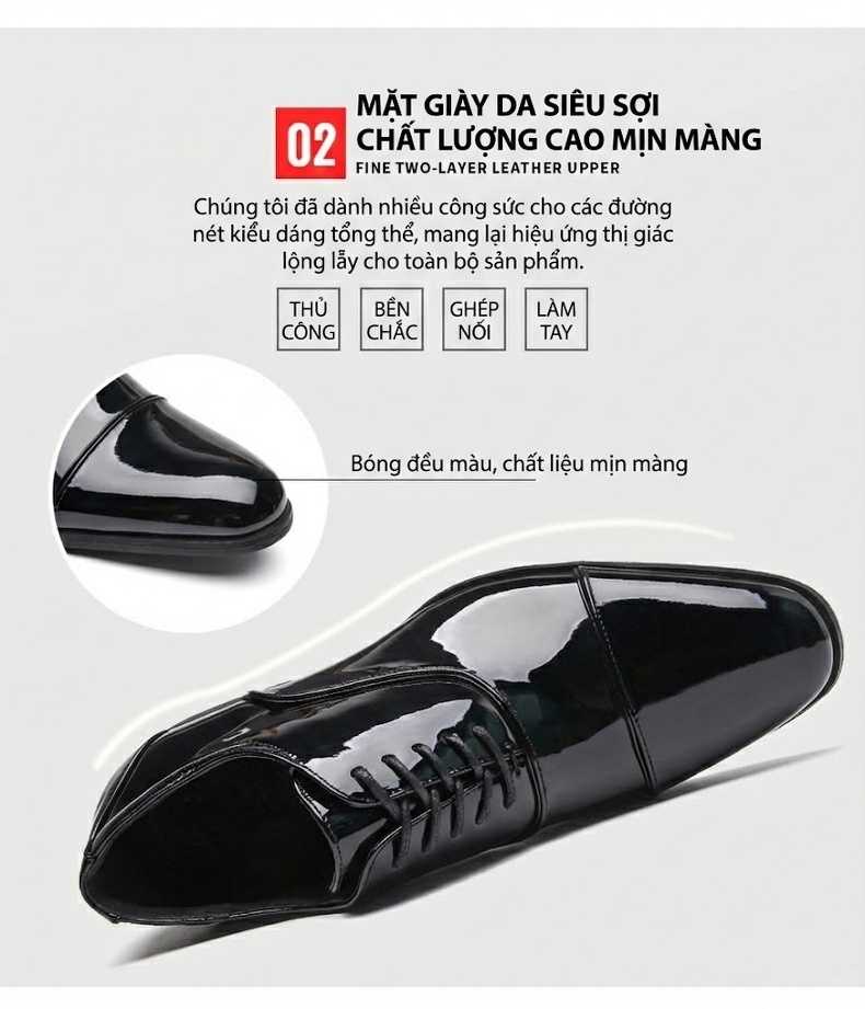 Giày Tây Buộc Dây Nam Da Bóng Chiều Cao Đế Khoảng 3cm Màu Đen, Trắng chi tiết 7