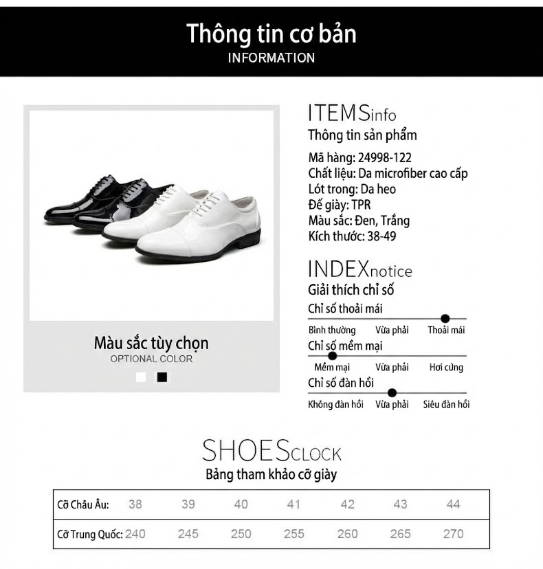 Giày Tây Buộc Dây Nam Da Bóng Chiều Cao Đế Khoảng 3cm Màu Đen, Trắng chi tiết 9