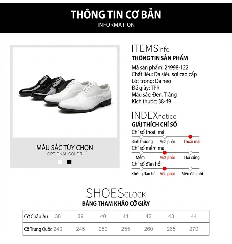 Giày Tây Buộc Dây Nam Da Bóng Chiều Cao Đế Khoảng 3cm Màu Đen, Trắng chi tiết 19
