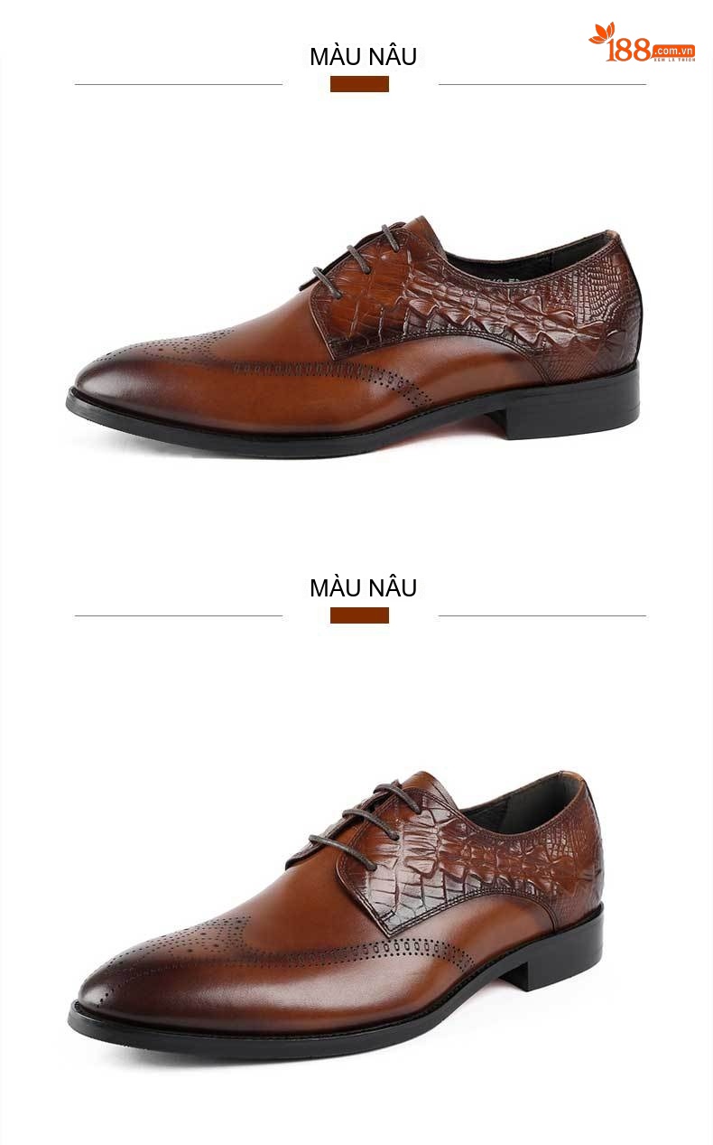 Giày Tây Buộc Dây Nam Da Bóng Chiều Cao Đế Khoảng 3cm Màu Nâu, Đen chi tiết 4