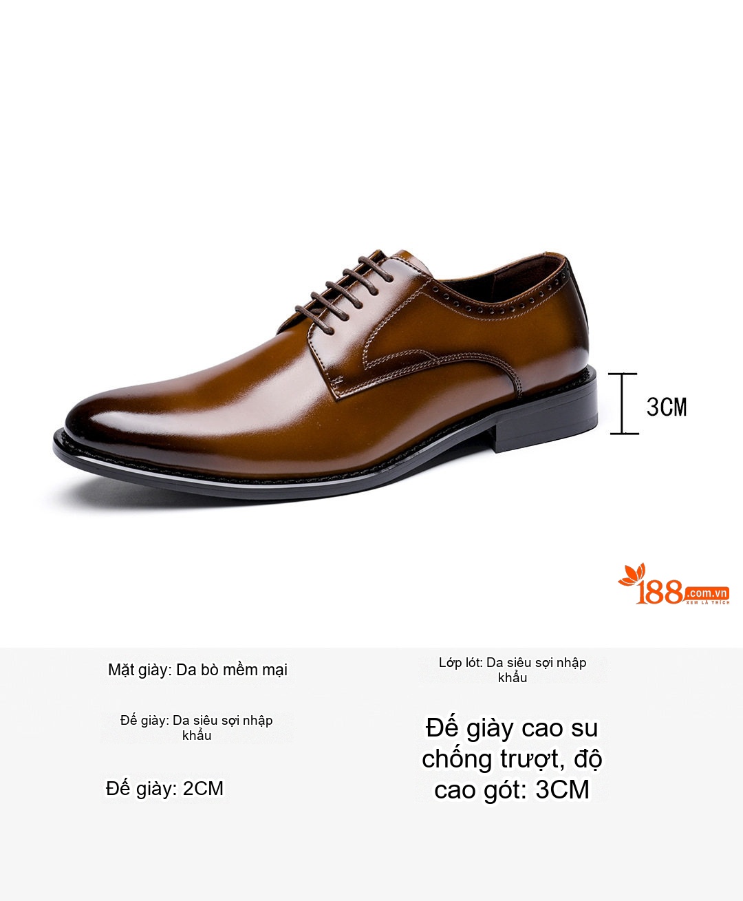 Giày Tây Buộc Dây Nam Da Bóng Chiều Cao Đế Khoảng 3cm Màu Nâu chi tiết 3