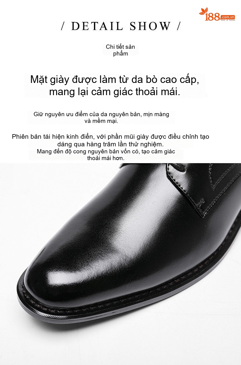 Giày Tây Buộc Dây Nam Da Bóng Chiều Cao Đế Khoảng 3cm Màu Nâu chi tiết 6
