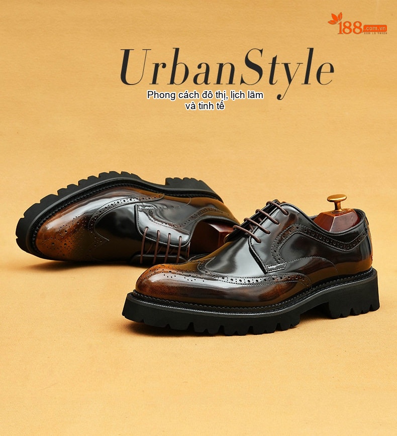 Giày Tây Buộc Dây Nam Da Bóng Chiều Cao Đế Khoảng 4cm Kiểu Dáng Brogue Màu Đen, Nâu chi tiết 1