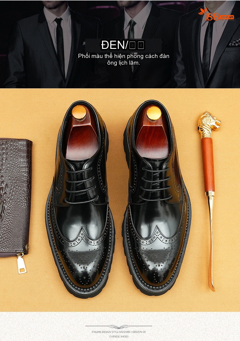 Giày Tây Buộc Dây Nam Da Bóng Chiều Cao Đế Khoảng 4cm Kiểu Dáng Brogue Màu Đen, Nâu chi tiết 3