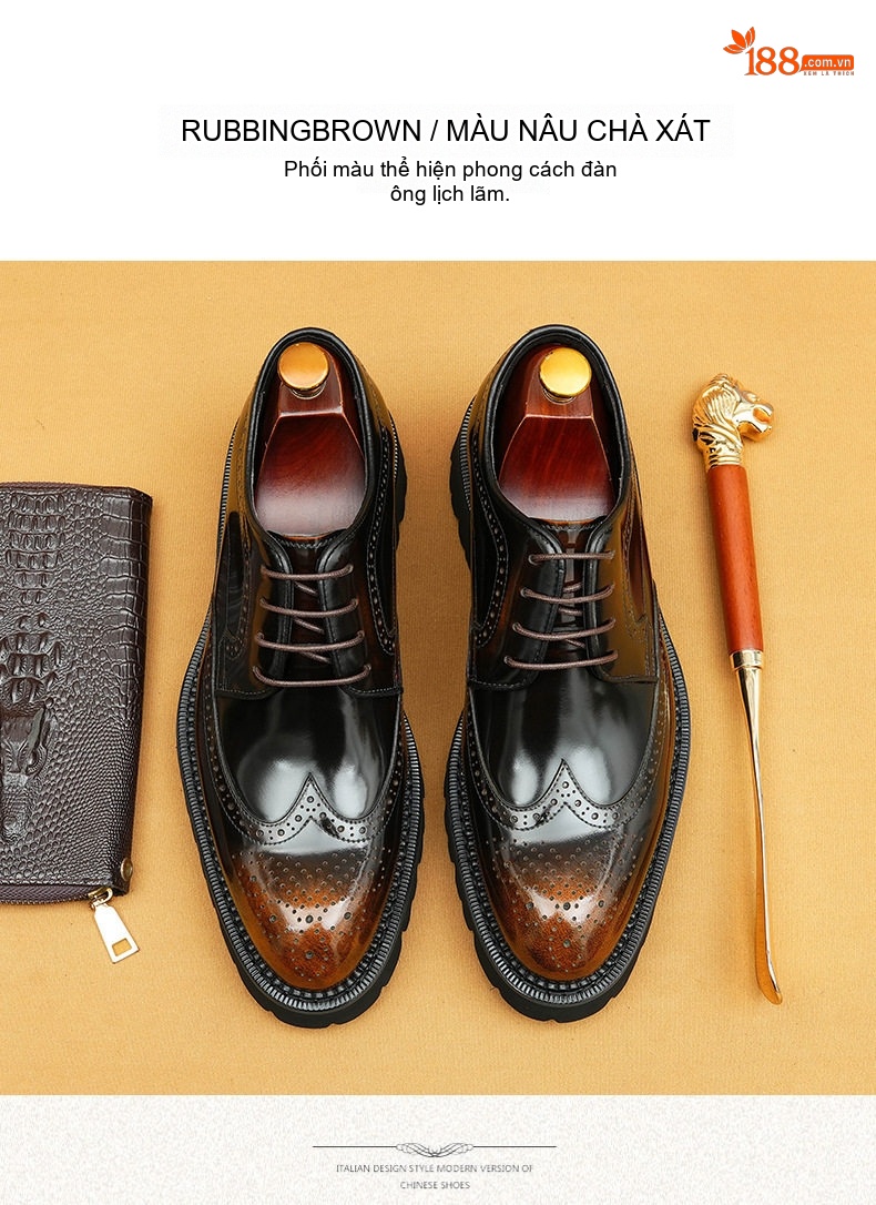 Giày Tây Buộc Dây Nam Da Bóng Chiều Cao Đế Khoảng 4cm Kiểu Dáng Brogue Màu Đen, Nâu chi tiết 11