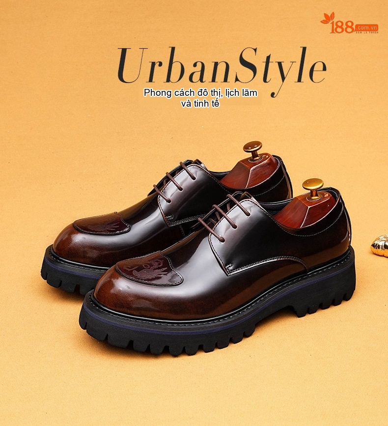 Giày Tây Buộc Dây Nam Da Bóng Chiều Cao Đế Khoảng 4cm Kiểu Dáng Derby Màu Đen, Nâu chi tiết 1