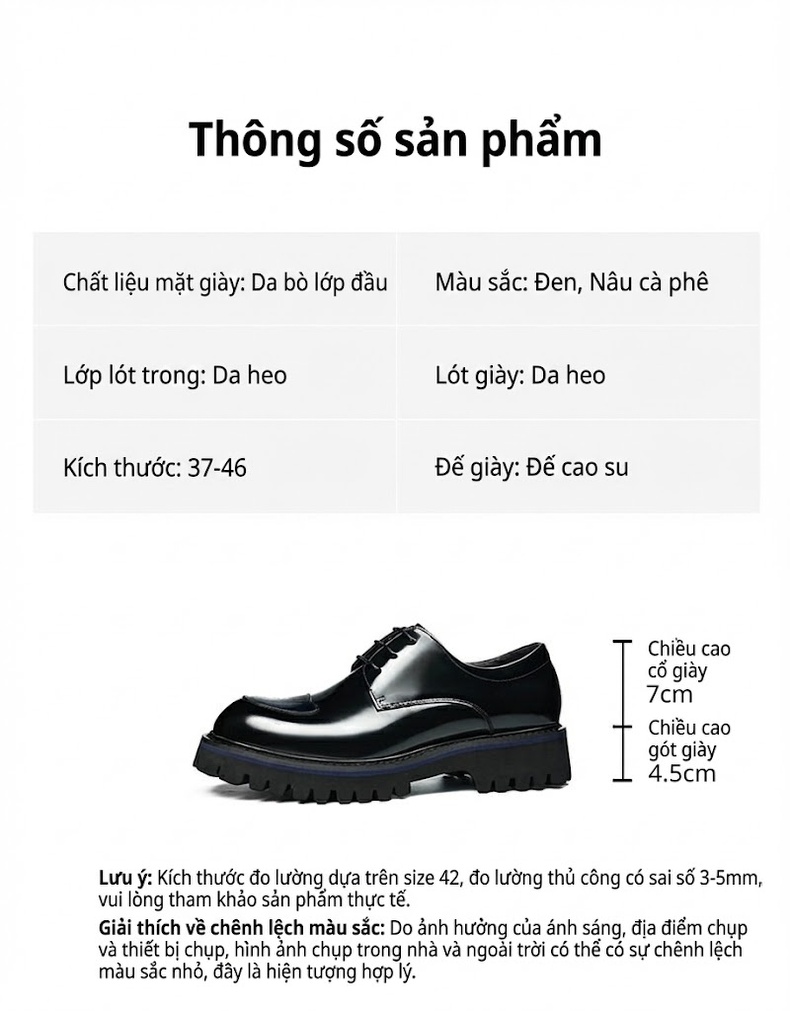 Giày Tây Buộc Dây Nam Da Bóng Chiều Cao Đế Khoảng 4cm Kiểu Dáng Derby Màu Đen, Nâu chi tiết 2
