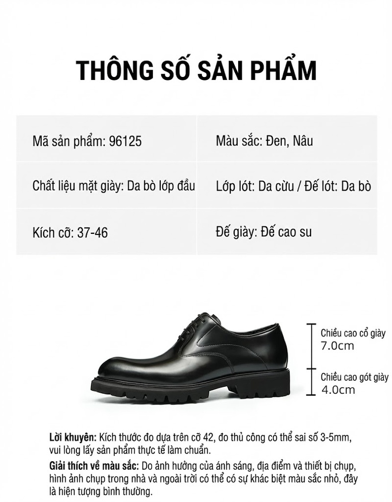 Giày Tây Buộc Dây Nam Da Bóng Chiều Cao Đế Khoảng 4cm Màu Đen chi tiết 2
