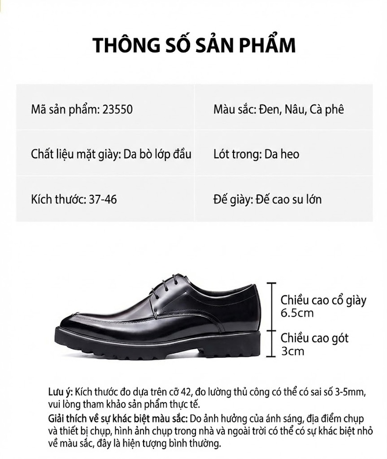 Giày Tây Buộc Dây Nam Da Bóng Chiều Cao Đế Khoảng 4cm Màu Đen, Nâu chi tiết 2