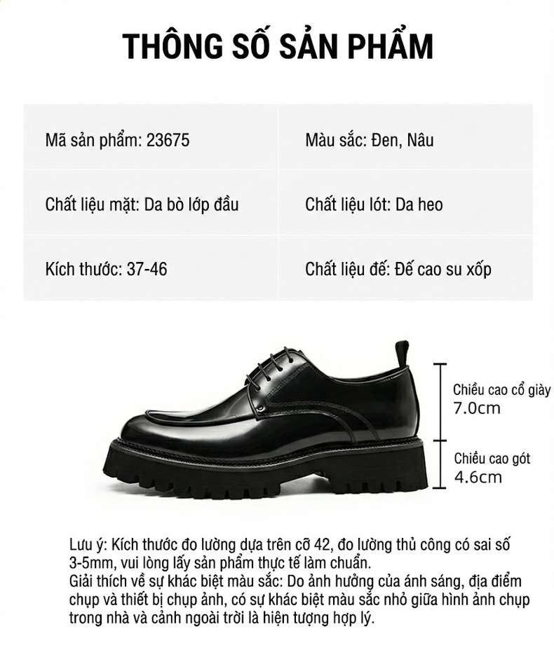 Giày Tây Buộc Dây Nam Da Bóng Chiều Cao Đế Khoảng 4cm Màu Đen, Nâu Đỏ chi tiết 2
