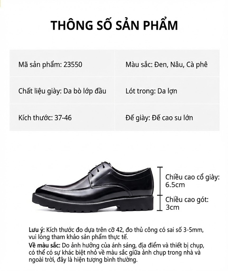 Giày Tây Buộc Dây Nam Da Bóng Chiều Cao Đế Khoảng 4cm Màu Đen, Nâu Đỏ chi tiết 20